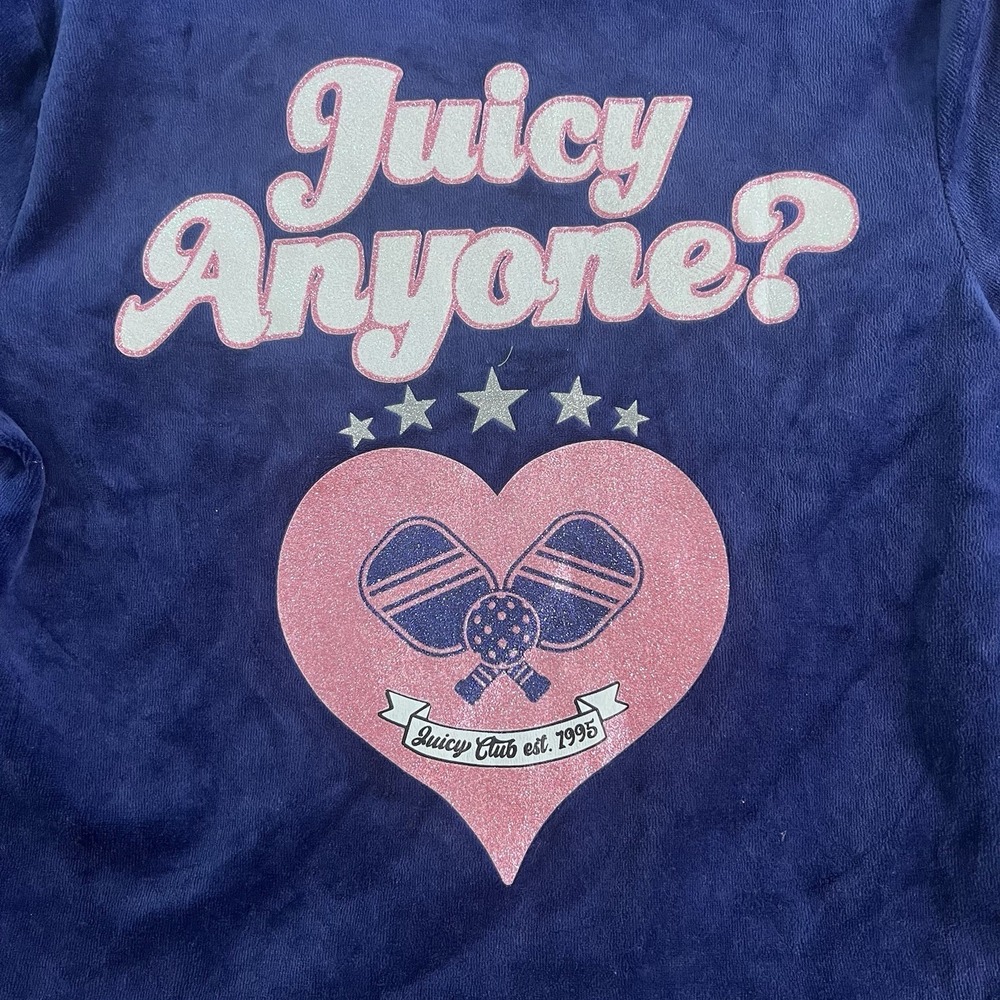 Juicy‎ Couture Blue Velour Track Jacket Juicy Anyone Pickleball Heart Navy M - Picture 6 of 6